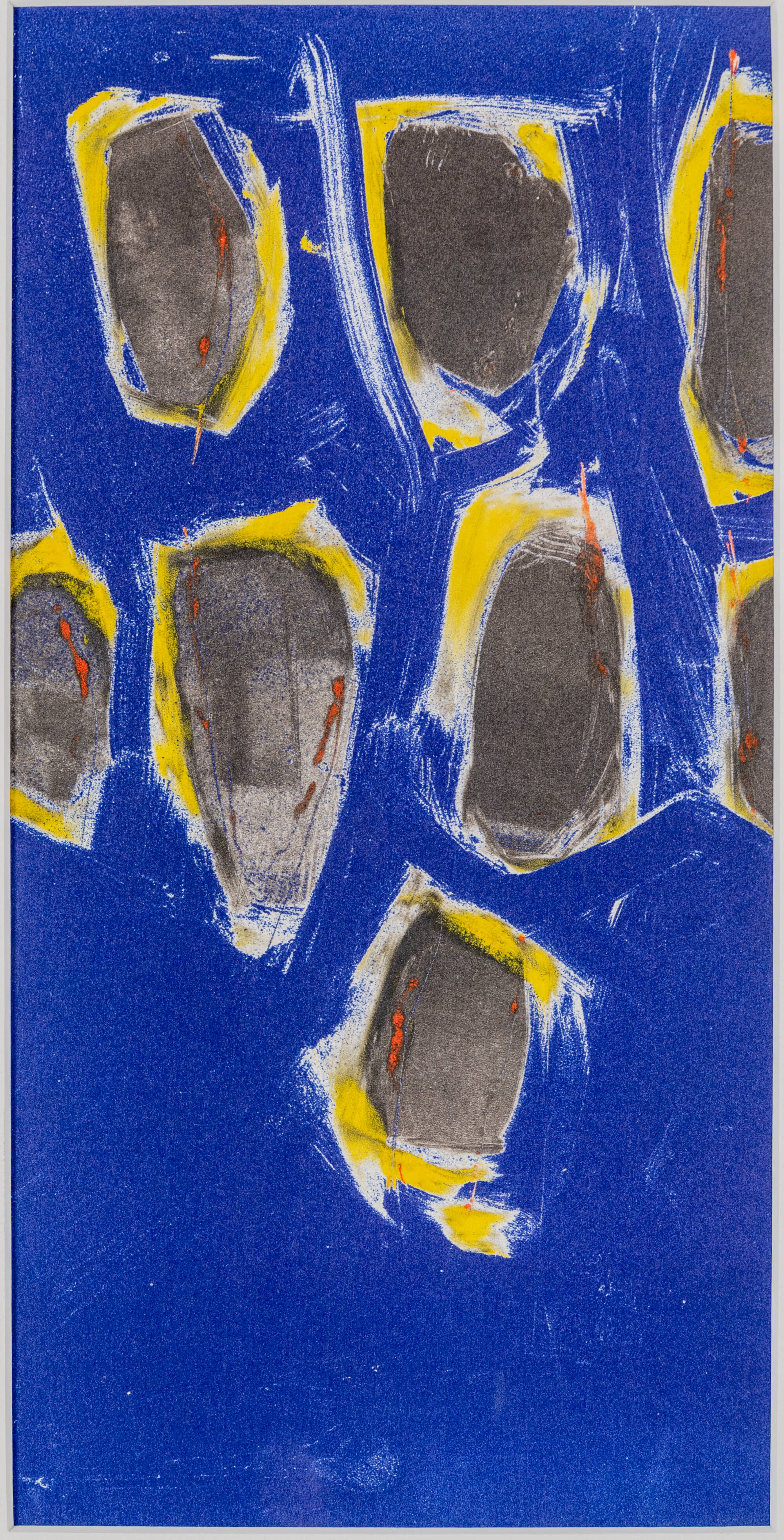 Bright blue print with abstract "spots" in grey and yellow.
